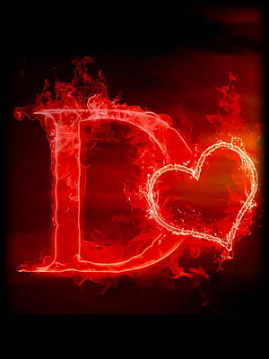 Flaming Letter D With Heart Design in Fiery Red Smoke on Black Background HD phone wallpaper