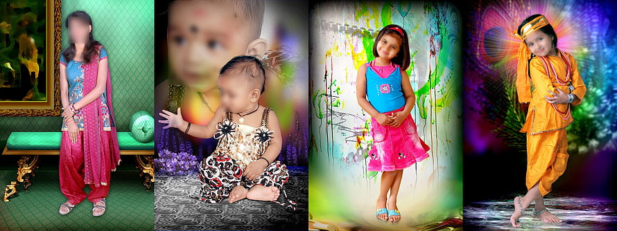 Collage of Indian children in colorful traditional outfits with vibrant studio backdrops HD wallpaper