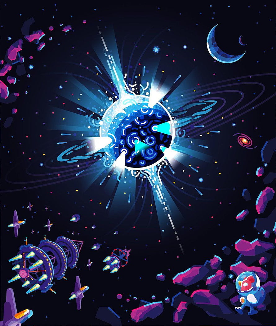 Kurzgesagt Neutron Star Space Illustration with Asteroids and Spacecraft HD phone wallpaper
