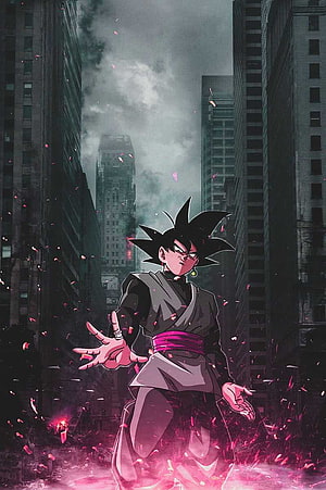 Goku Black Channeling Dark Energy in a Destroyed Cityscape HD phone wallpaper