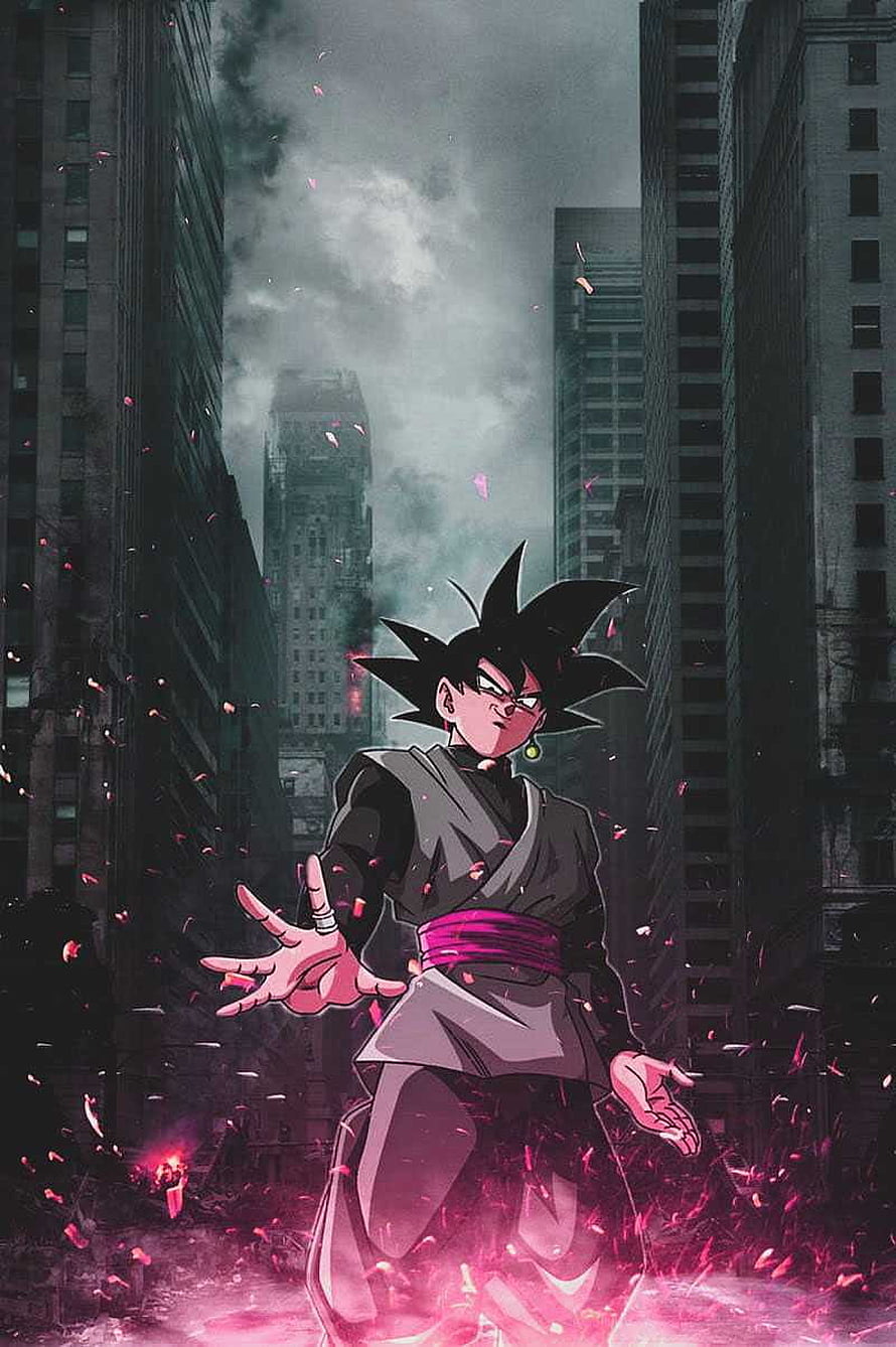 Goku Black Channeling Dark Energy in a Destroyed Cityscape HD phone wallpaper