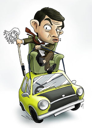 Mr. Bean Cartoon Illustration Riding a Green Armchair on a Yellow Mini Car HD phone wallpaper