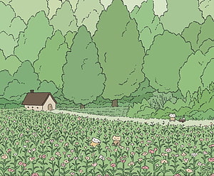 Aube Blue Illustration of Cute Animals in a Flower Field with Cottage and Forest HD wallpaper