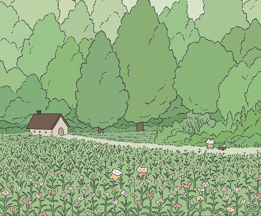 Aube Blue Illustration of Cute Animals in a Flower Field with Cottage and Forest HD wallpaper