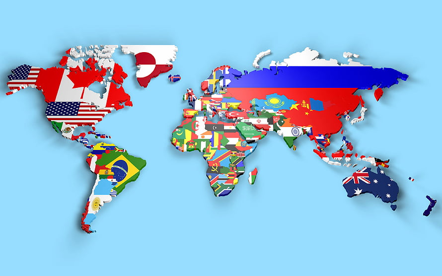 3D World Map Filled With National Flags on Light Blue Background HD wallpaper
