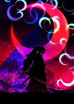 Kokushibo Silhouette with Glowing Eyes and Katana Against a Crimson Moon in Demon Slayer HD phone wallpaper