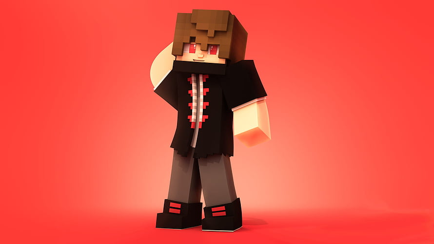 Minecraft Boy Skin Character Render in Black Outfit on Red Background HD wallpaper