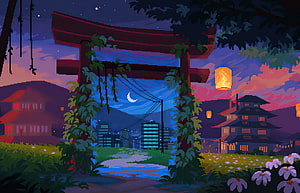 Pixel Art Japanese Torii Gate at Night with City Skyline and Lanterns HD wallpaper
