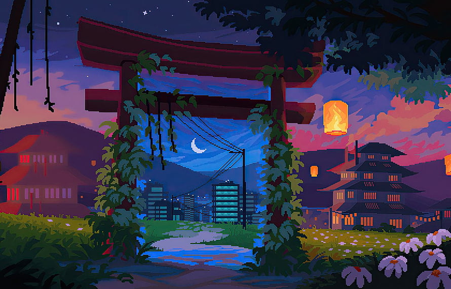 Pixel Art Japanese Torii Gate at Night with City Skyline and Lanterns HD wallpaper