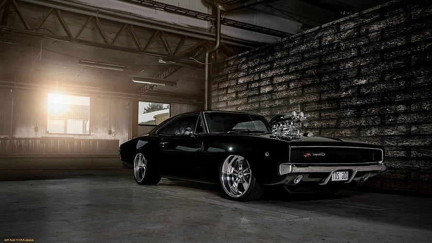 Black 1970 Dodge Charger R/T with Supercharger in Industrial Warehouse HD wallpaper