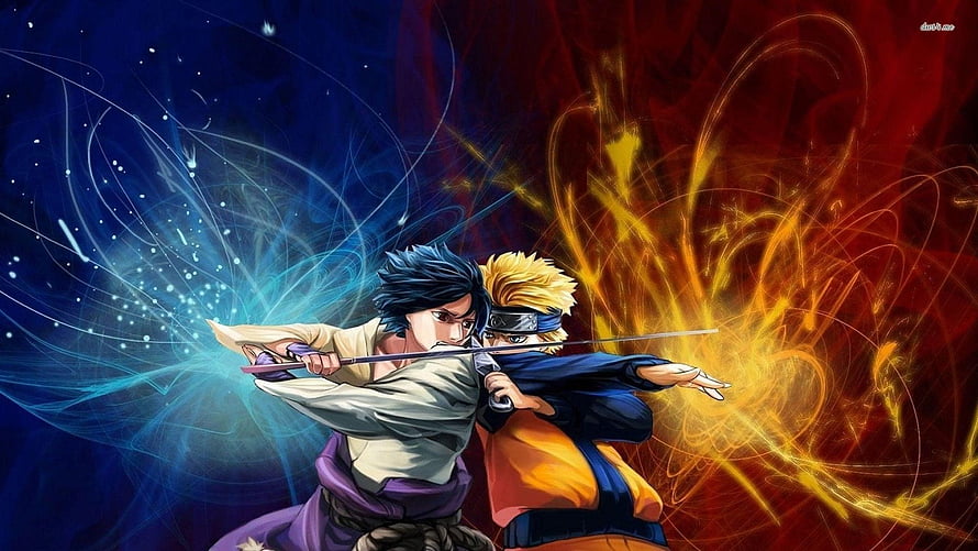 Naruto and Sasuke Clashing Swords in Epic Anime Battle Scene HD wallpaper