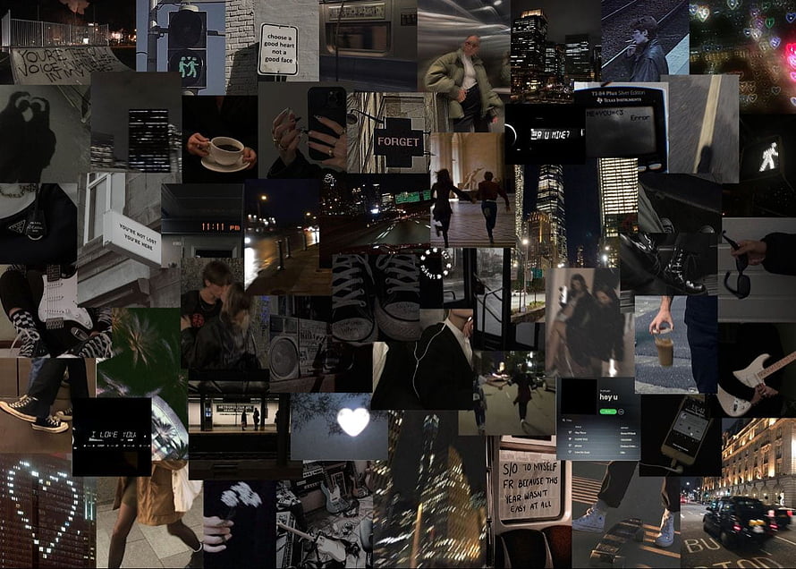 Dark Grunge Aesthetic Collage with Urban Night Scenes and Vintage Film Photos HD wallpaper
