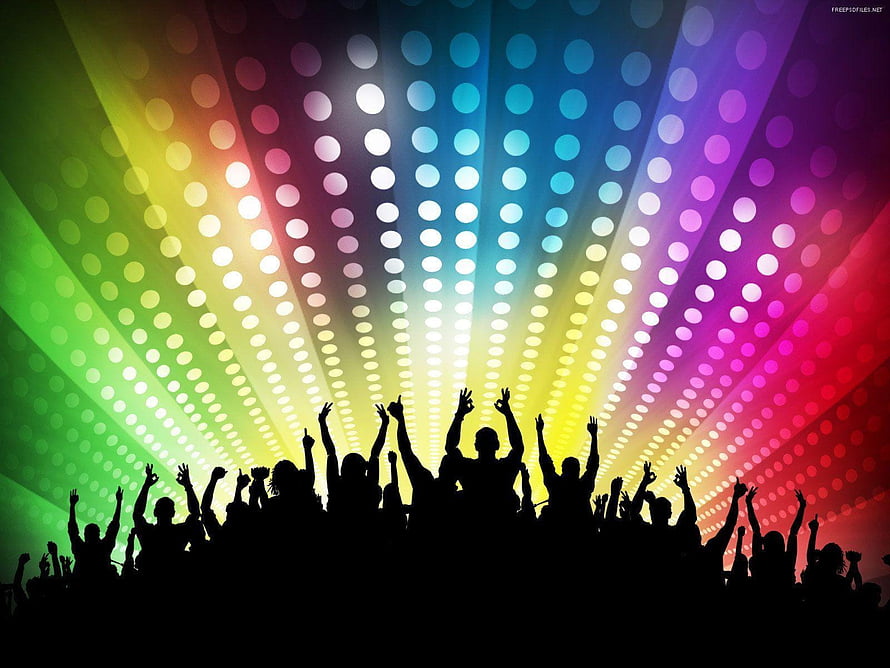 Vibrant Rainbow Concert Crowd Silhouette With Radiating Disco Light Beams HD wallpaper