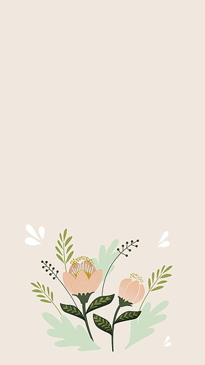 Minimalist Pink Floral Illustration with Soft Green Foliage on Cream Background HD phone wallpaper