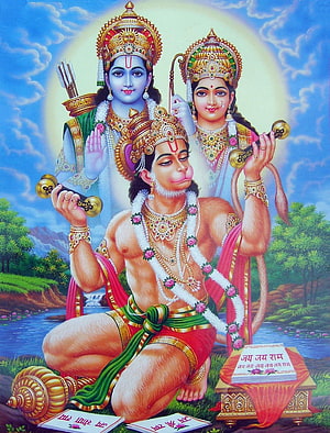 Hanuman with Lord Rama and Sita in a serene natural landscape with sacred texts, Hindu God Hanuman Gallery, Hanuman Pics, ram sita hanuman HD phone wallpaper