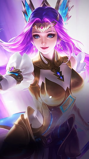 Odette Virgo Zodiac Skin from Mobile Legends with Purple Hair and Golden Armor HD phone wallpaper