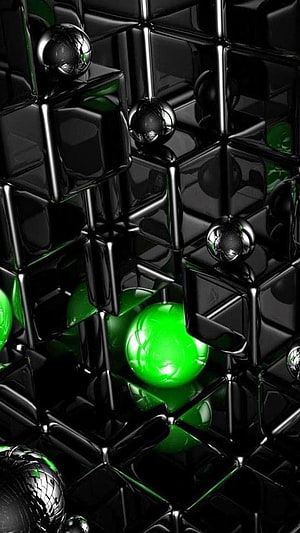 Abstract 3D Render of Glossy Black Cubes and Vibrant Green Spheres HD phone wallpaper