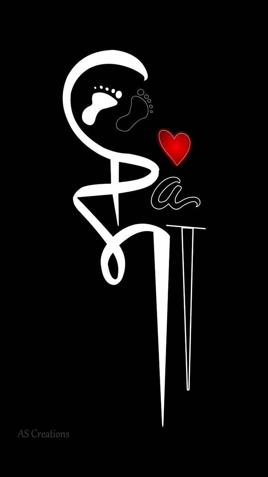 Stylized Family Name Art with Footprints and Heart on Black Background HD phone wallpaper