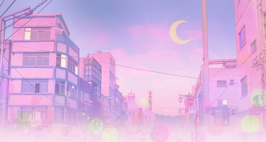 Dreamy Pastel Pink Anime Cityscape with Crescent Moon and Soft Haze HD wallpaper