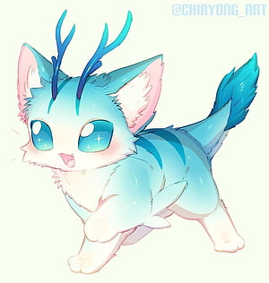 Cute Blue Mythical Kitten with Antlers and Sparkling Eyes Digital Illustration HD phone wallpaper