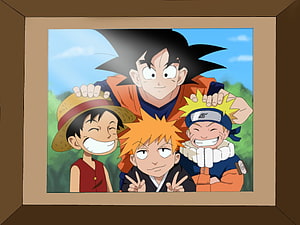 Framed Anime Group Photo Featuring Goku, Naruto, Luffy, and Ichigo in a Friendly Pose HD wallpaper