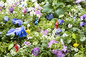 Colorful Pikmin characters exploring a lush garden filled with vibrant blue and purple flowers HD wallpaper