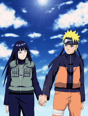Naruto and Hinata Holding Hands Under a Bright Blue Sky in Anime Style HD phone wallpaper