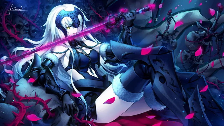 Jeanne d'Arc Alter from Fate Grand Order Wielding a Glowing Pink Sword in Dark Armor HD wallpaper