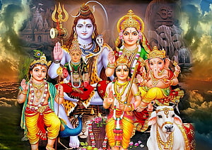 Lord Shiva Family with Parvati, Ganesha, Kartikeya, and Nandi in Divine Temple Setting HD wallpaper