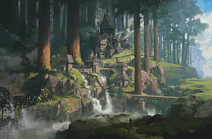 Enchanted Forest Village with Waterfall and Stone Bridge Fantasy Artwork HD wallpaper