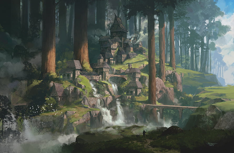 Enchanted Forest Village with Waterfall and Stone Bridge Fantasy Artwork HD wallpaper