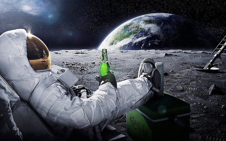 Astronaut Relaxing on the Lunar Surface with a Green Beer Bottle and Earth in the Background HD wallpaper