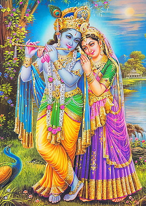 Krishna and Radha Playing Flute in a Lush Garden with Peacock and River HD phone wallpaper