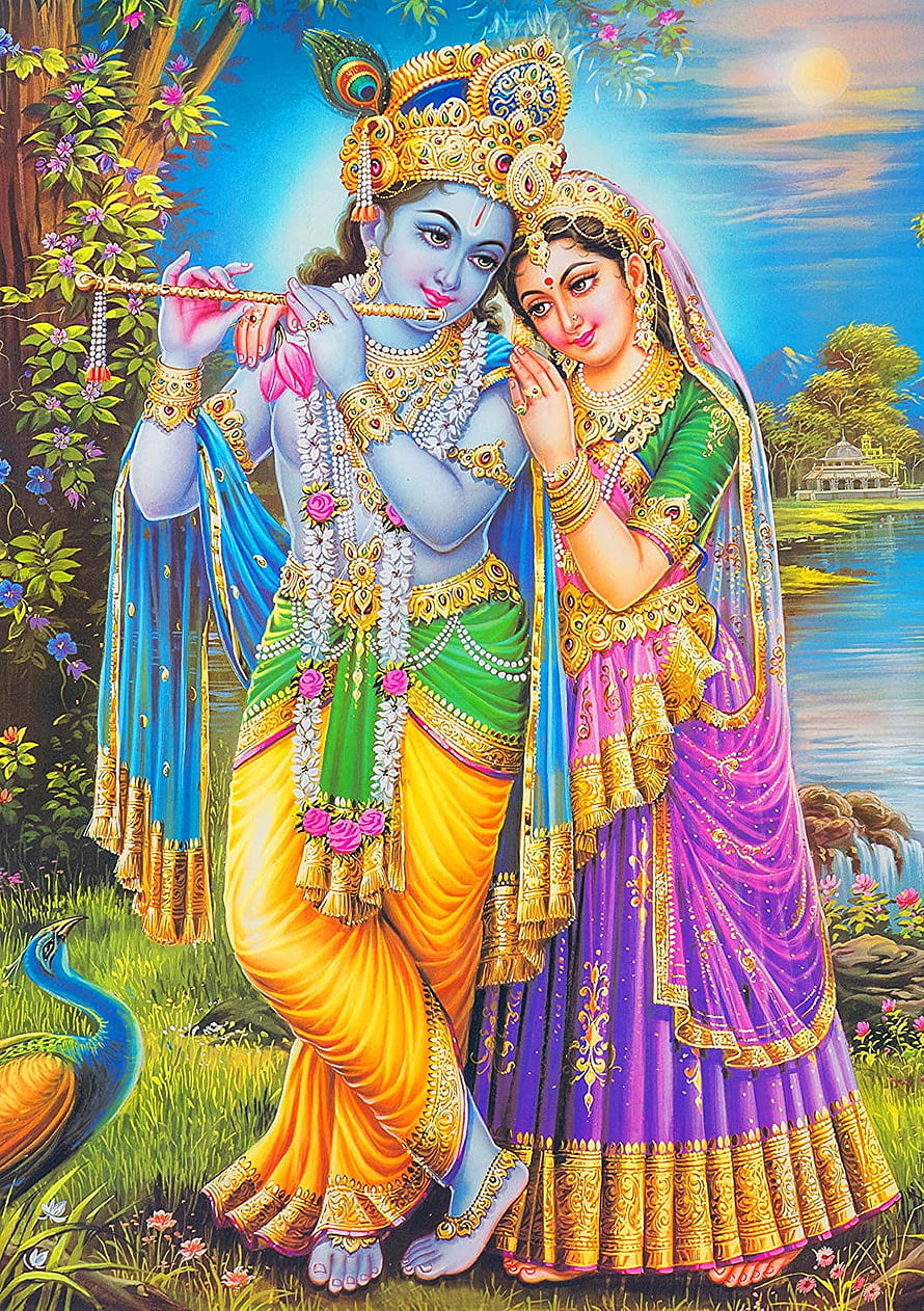 Krishna and Radha Playing Flute in a Lush Garden with Peacock and River HD phone wallpaper