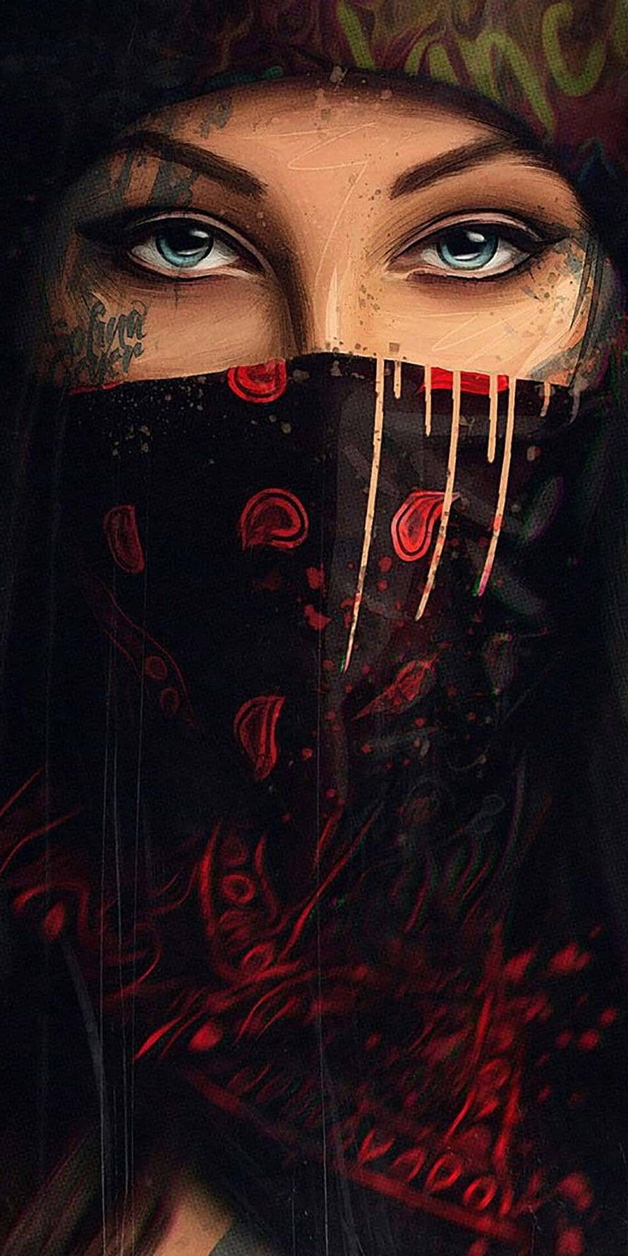 Dark Street Art Portrait of a Woman with a Black Face Mask and Red Accents HD phone wallpaper