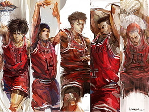 Slam Dunk Anime Basketball Team Artwork Featuring Hanamichi and Rukawa in Red Uniforms HD wallpaper