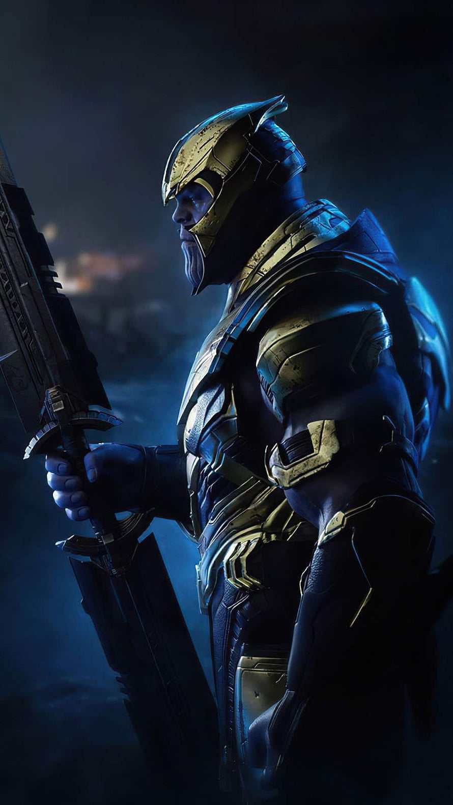 Thanos in Golden Armor Holding a Massive Blade in Dark Cinematic Lighting HD phone wallpaper