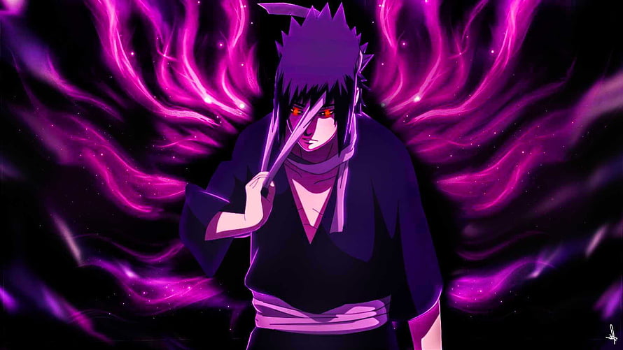 Sasuke Uchiha with Purple Chakra Wings in Dark Anime Style HD wallpaper