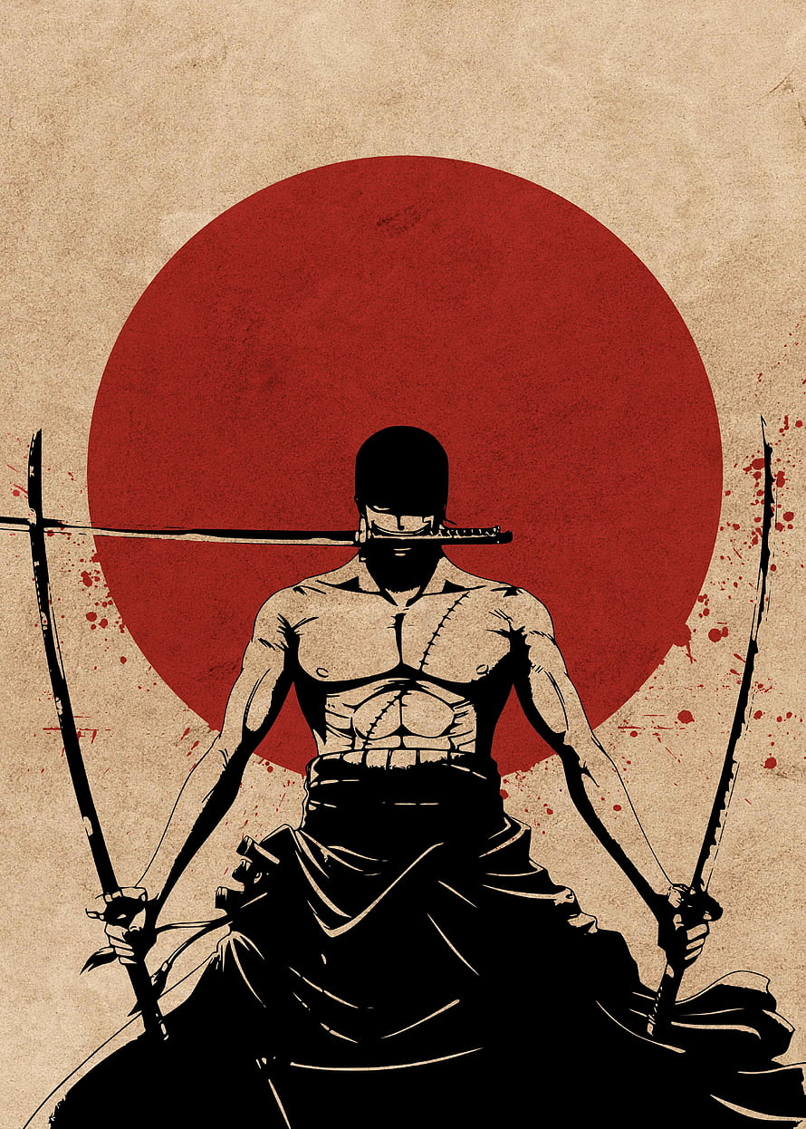 Roronoa Zoro Three-Sword Style Illustration with Red Sun Background HD phone wallpaper
