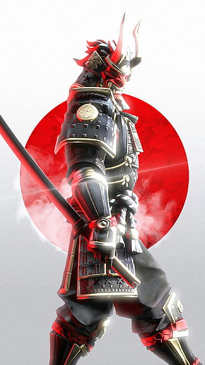 Dark Samurai Warrior in Ornate Black and Red Armor with Katana and Red Sun HD phone wallpaper