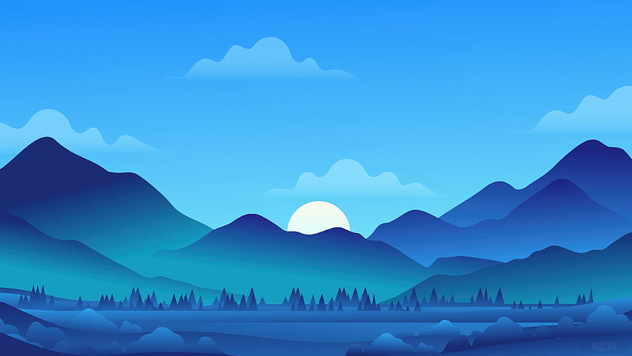 Minimalist Blue Mountain Landscape with Setting Sun and Pine Forest Silhouette HD wallpaper