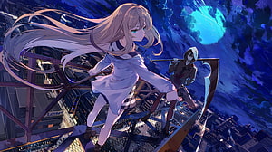 Angels of Death anime illustration featuring a girl and hooded figure on a rooftop at night HD wallpaper