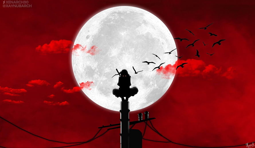 Itachi Uchiha Silhouette Perched on Power Pole Against Giant Full Moon and Red Sky HD wallpaper