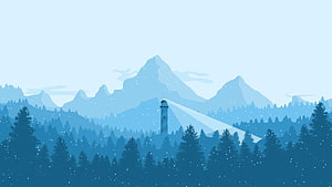 Minimalist Lighthouse in Snowy Pine Forest with Mountain Range HD wallpaper