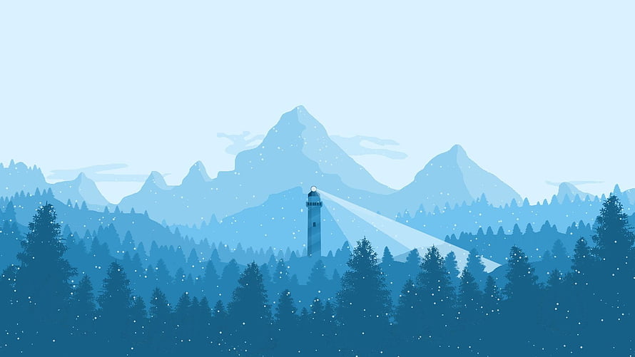 Minimalist Lighthouse in Snowy Pine Forest with Mountain Range HD wallpaper