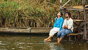 Young couple relaxing on a rustic wooden dock by a calm river with tall reeds in the background HD wallpaper