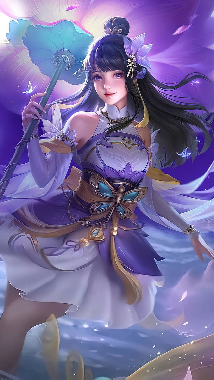 Kagura Water Lily Fantasy Character in Purple and White Attire HD phone wallpaper