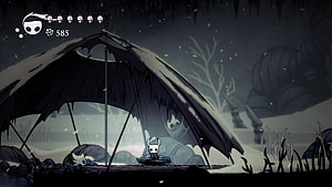 Hollow Knight Beneath the Hollow Camp Scene with Horned Character and Tent HD wallpaper