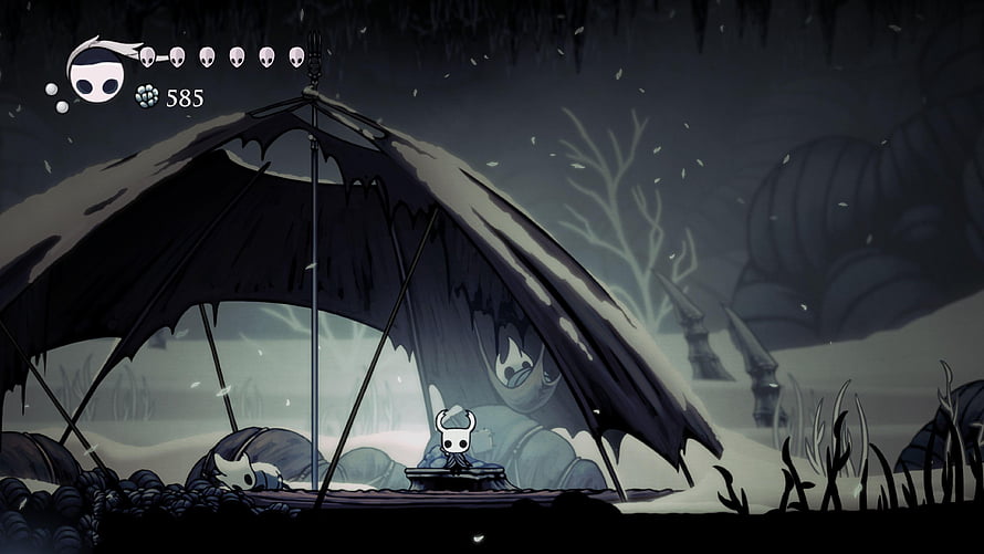 Hollow Knight Beneath the Hollow Camp Scene with Horned Character and Tent HD wallpaper