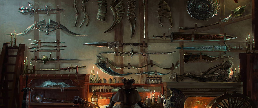 Bloodborne Blacksmith Workshop Interior With Wall-Mounted Weapons and Candles HD wallpaper